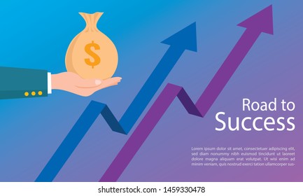 Vector illustration of business arrow target direction. Road to success concept. Finance growth vision stretching rising up. Chart increase profit. Return on investment ROI. Flat banner style.