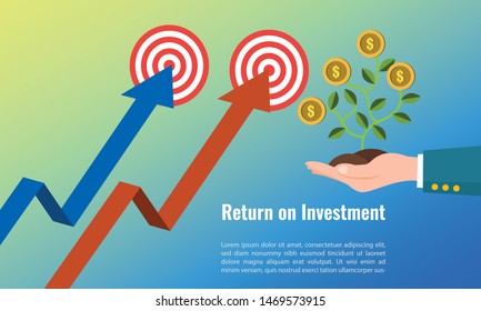 Vector illustration of business arrow target direction concept to success. Finance growth vision stretching rising up. banner flat style. Return on investment ROI. chart increase profit