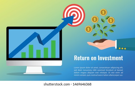 Vector illustration of business arrow target direction concept to success. Finance growth vision stretching rising up. banner flat style. Return on investment ROI. chart increase profit.