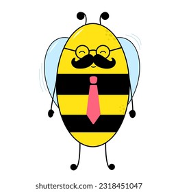 Vector illustration. Business bee with a moustache, in a tie and glasses.Suitable for a postcard, flyer, banner. 