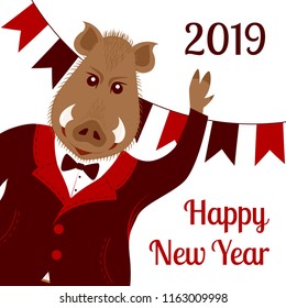 Vector illustration of a business boar in suit in bottom right with flags. Text happy new year 2019. Isolated on the white background.
