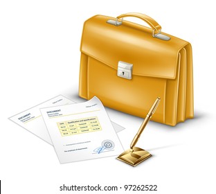 Vector illustration of business briefcase with documents and pen on white background.