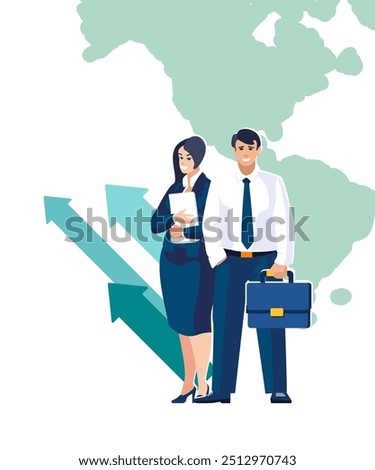 Vector illustration. Business. Businessman with briefcase and worker woman with magazine business people. Analytical chart, statistical data, financial discussion. Information, business brochures