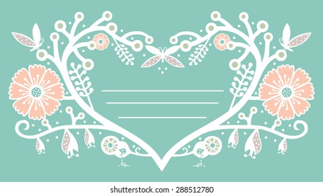 Vector illustration of business card with branches flowers that make a heart, and butterflies