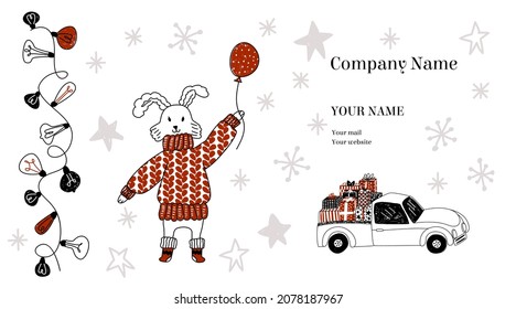 Vector illustration for business card. It depicts hare, garlands, truck with gift boxes. There is space for text with personal data, company. Concept decoration gifts, holidays, New Year, Christmas.
