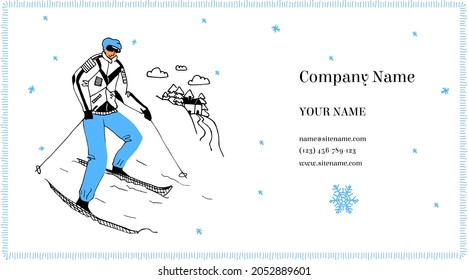 Vector illustration of a business card layout with text. Concept advertising winter sports, alpine skiing, biathlon, athletes, companies and representatives of clothing, equipment, group members.