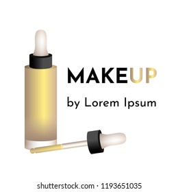 Vector illustration business card for makeup artist or salon (studio) with drop bottle liquid matte professional foundation and text "Makeup by Lorem Ipsum"