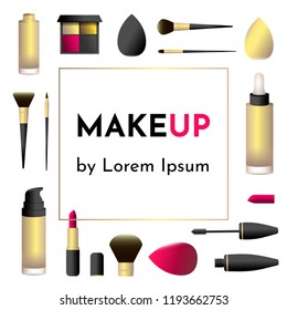 Vector illustration business card for makeup artist or salon (studio) with makeup tools: brushes, drop bottles of foundation, shadow palette, lipstick, mascara with text "Makeup by Lorem Ipsum"