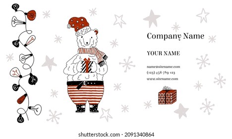 Vector illustration for business card. Polar bear, give, gift, funny, cute, retro, vintage, garlands are depicted. Space for text with personal data. Concept decoration gifts, holidays.