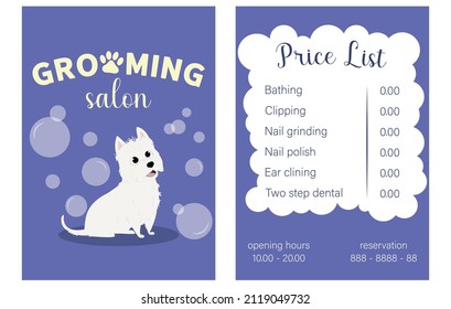 Vector Illustration Business Card Pricelist And Special Offer For Pet Grooming Salon With Dog And Bubbles. Price List With Phone Number For Reservation And Opening Hours Printable Template A4