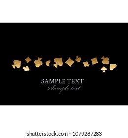 Vector illustration The business card of the standard European size. Gold and silver text and symbols of playing cards on a black background.