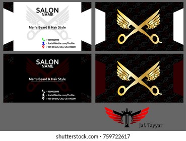 A vector illustration of a business card template for hair salon or hair stylist made of 2 set of cards, and white  light tone, and a black dark with a symbol of scissors wings on the back of the card