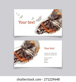Vector illustration. Business card with watercolor butterfly on a white background. Watercolor insects.