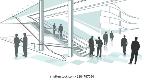 vector illustration of business center and businessman in flat style. Business meeting