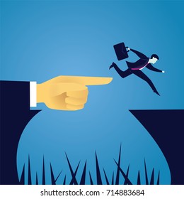 Vector illustration. Business challenge concept. Businessman jump leaf to conquer obstacle challenge gap with help of giant leader hand