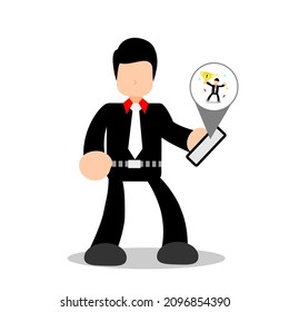 vector illustration of a business character with an expression looking at a cellphone''winner'', white background. Flat and simple design, suitable for web, ads, banners, templates
