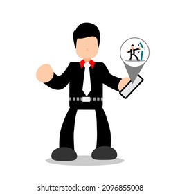 vector illustration of a business character with an expression looking at a cellphone, white background. Flat and simple design, suitable for web, ads, banners, templates
