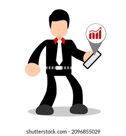 ilustración vectorial de un personaje de negocio con una expresión que mira un teléfono móvil, fondo blanco. Diseño sencillo y plano, adecuado para web, anuncios, banners, plantillas
