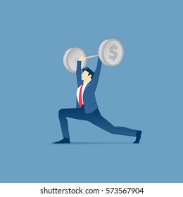 Vector illustration of business character pushing barbell with money symbols on barbell weight plates. Financial vector concept for banners, infographics, landing pages of website or print design