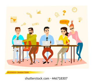 Vector illustration of business characters scene in cartoon style.Group of yang people having a business meeting.Teamwork together