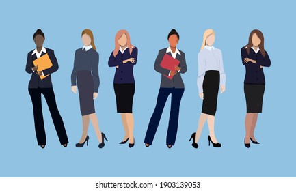 
Vector illustration. Business characters set. International business team, beautiful business women. Teamwork of office workers in flat style