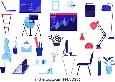 Vector illustration of business collection. Flat icon on the background brought together all the laptops,tables, plants, card investment management. Graphic design business concept