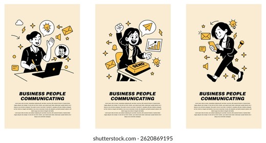 Vector illustration of business communication, woman in a virtual team meeting, sending an email blast, and chatting via mobile, in a clean, modern flat cartoon style.
