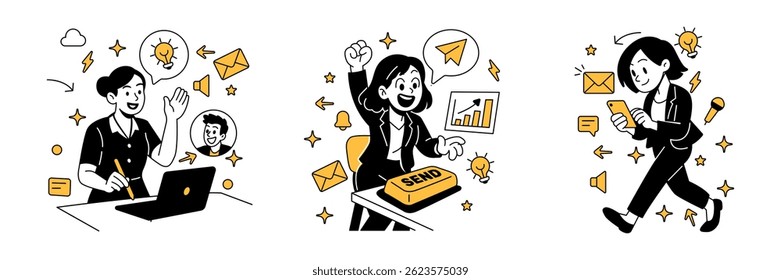 Ilustração vetorial da comunicação de negócios, mulher em uma reunião de equipe virtual, enviando uma explosão de e-mail, e conversando via celular, em um estilo de desenho animado plano limpo e moderno.