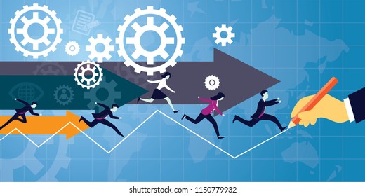 Vector Illustration. Business Competition Concept. Businessmen and businesswomen running forward following direction arrow symbol to success