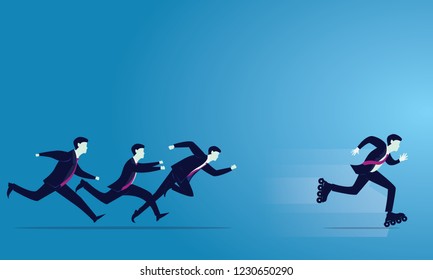 Vector illustration. Business competition concept. Businessmen sprint racing forward. Leader win with innovation, run with roller skates