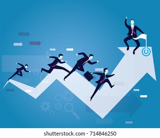 Vector illustration. Business competition concept. Businessmen running forward for racing on success arrow. One leader looked happy to win the race on victory finish point