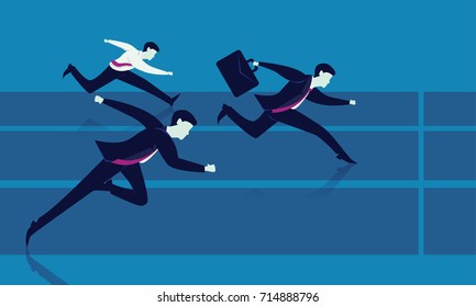 Vector illustration. Business competition concept. Businessmen sprint racing forward to winning success on running track.