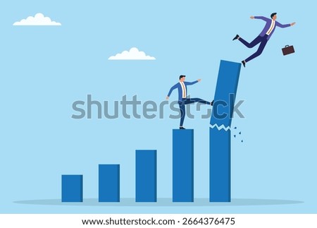 Vector illustration of business competition showing one businessman kicking a bar graph to sabotage another progress, symbolizing rivalry, betrayal, and unethical corporate tactics
