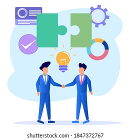 Vector illustration of a business concept, 2 businessmen collaborating and shaking hands. Investors invest money in ideas and get started. Partnership concept and agreement.