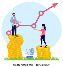 Vector illustration of a business concept, 2 business women and men standing on a pile of coins symbolizing salary levels. Gender gaps and inequalities in wages. Sexism and discrimination.