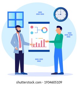 Vector illustration of a business concept, 2 businessmen standing between graph tables, vector collective thinking and brainstorming, company information analytics.