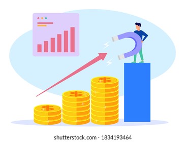 Vector illustration of business concept, attract investment concept, success magnet, money attraction. profitable income. Increased finances.