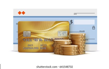 Vector illustration of business concept with bank check, detailed glossy gold credit card and stacks of golden coins