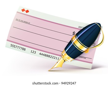 Vector illustration of business concept with bank check and  elegant fountain pen