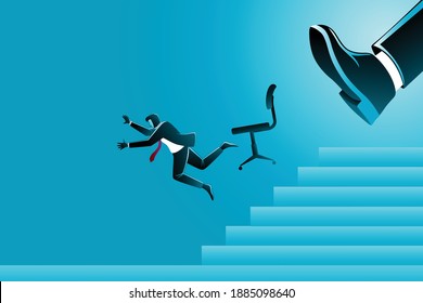 Vector illustration of business concept, big foot kicking a businessman with his chair fall down from stairs 