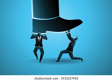 Vector illustration of business concept, big foot stepping on two businessman