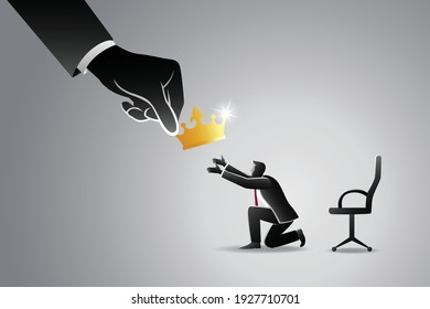 Vector illustration of business concept, big hand giving golden crown to businessman