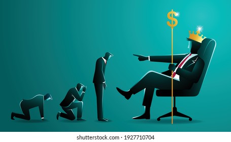 Vector illustration of business concept, a big businessman with golden crown, holding stick with dollar currency carvings sitting on chair while command to several small businessman