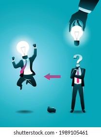 Ilustración vectorial del concepto de negocio, gran mano puso bombilla en el jefe de negocios