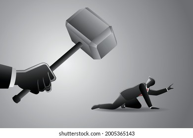 Vector illustration of business concept, big hand with hammer chasing a small businessman