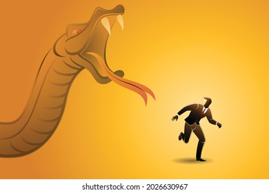 Vector illustration of business concept, big snake chasing businessman