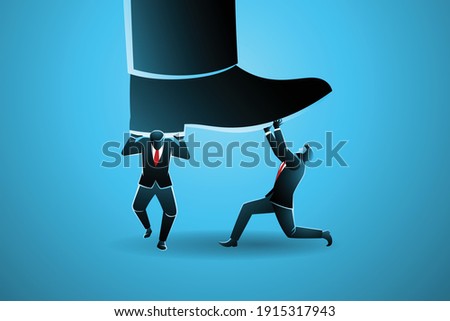 Vector illustration of business concept, big foot stepping on two businessman