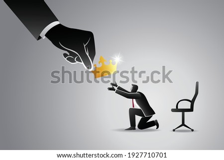 Vector illustration of business concept, big hand giving golden crown to businessman