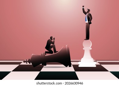 Vector illustration of business concept, black chess king laying down and white pawn standing up winner on a chessboard with businessman on it 