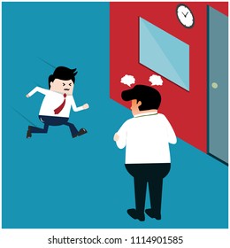 Vector illustration business concept. Boss angry because the employee came to work late.